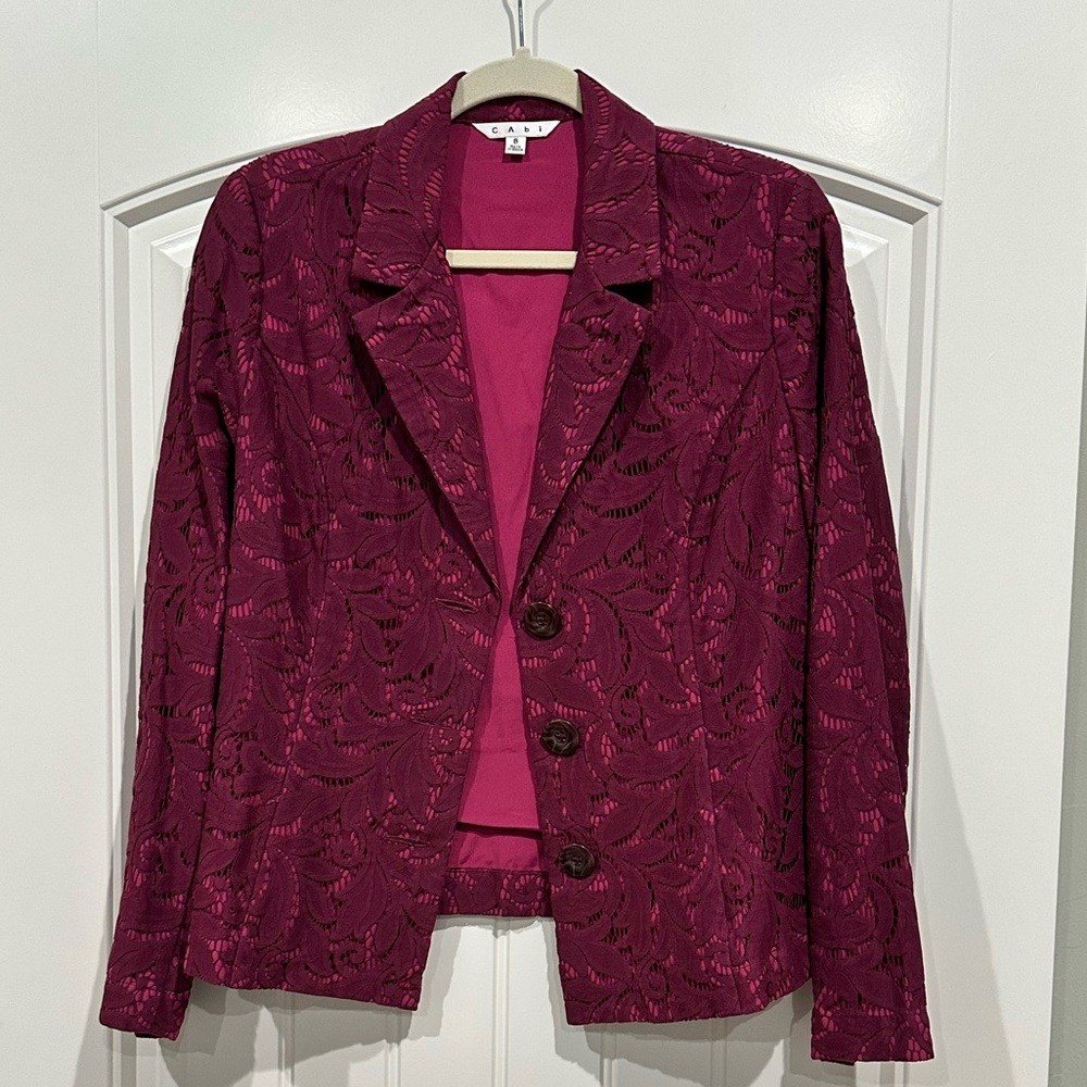 CAbi Plum Blazer Jacket with Beautiful Lace Overlay Pattern